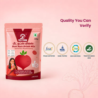 Beet Nuts Drink Mix FSSAI certified, NABL tested and ZED certified beetroot health drink, trusted since 2019