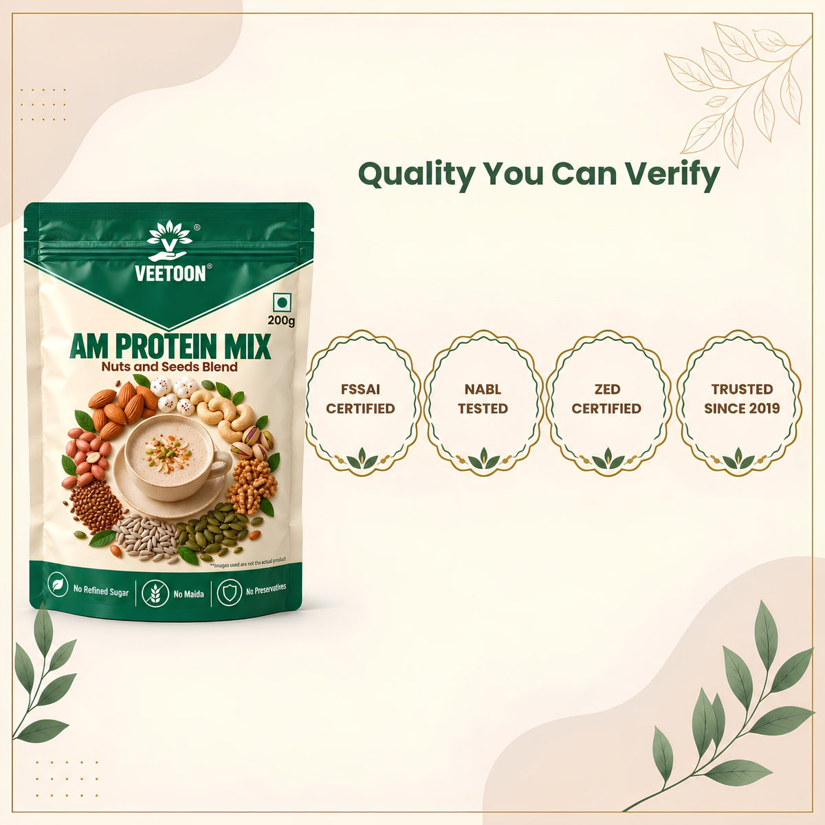 Veetoon AM Protein Mix quality badges: FSSAI certified, NABL tested, ZED certified, trusted since 2019