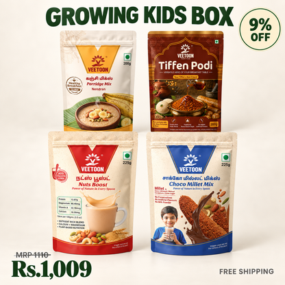 Veetoon Growing Kids Box — Nendran Porridge Mix 200g, Nuts Boost Drink Mix 225g, Choco Millet Mix 225g and Tiffen Podi 200g for children aged 3 to 14