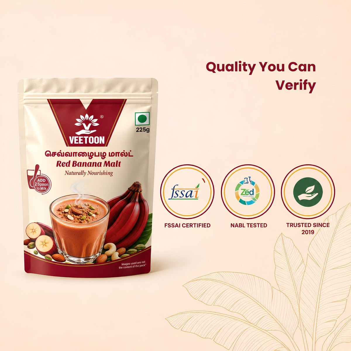 Red Banana Malt certifications - FSSAI licensed, NABL lab tested, ZED certified, trusted since 2019