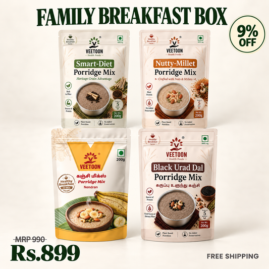 Veetoon Family Breakfast Box — four porridge mixes 200g each: Smart-Diet, Nendran, Nutty-Millet and Black Urad Dal