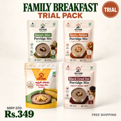 Veetoon Family Breakfast Trial Pack — four porridge mixes 70g each: Smart-Diet, Nendran, Nutty-Millet and Black Urad Dal