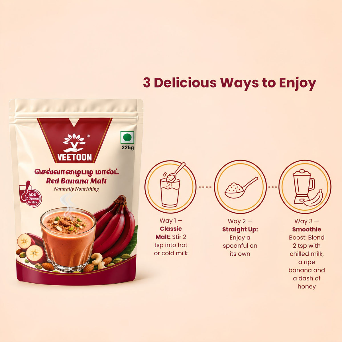 3 ways to enjoy Red Banana Malt - in milk, as powder, or blended into a smoothie