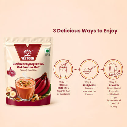 3 ways to enjoy Red Banana Malt - in milk, as powder, or blended into a smoothie