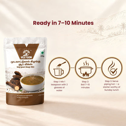 How to prepare Veetoon Mudavaattukaal Kizhangu Soup Mix — mix, boil and serve in 7 to 10 minutes