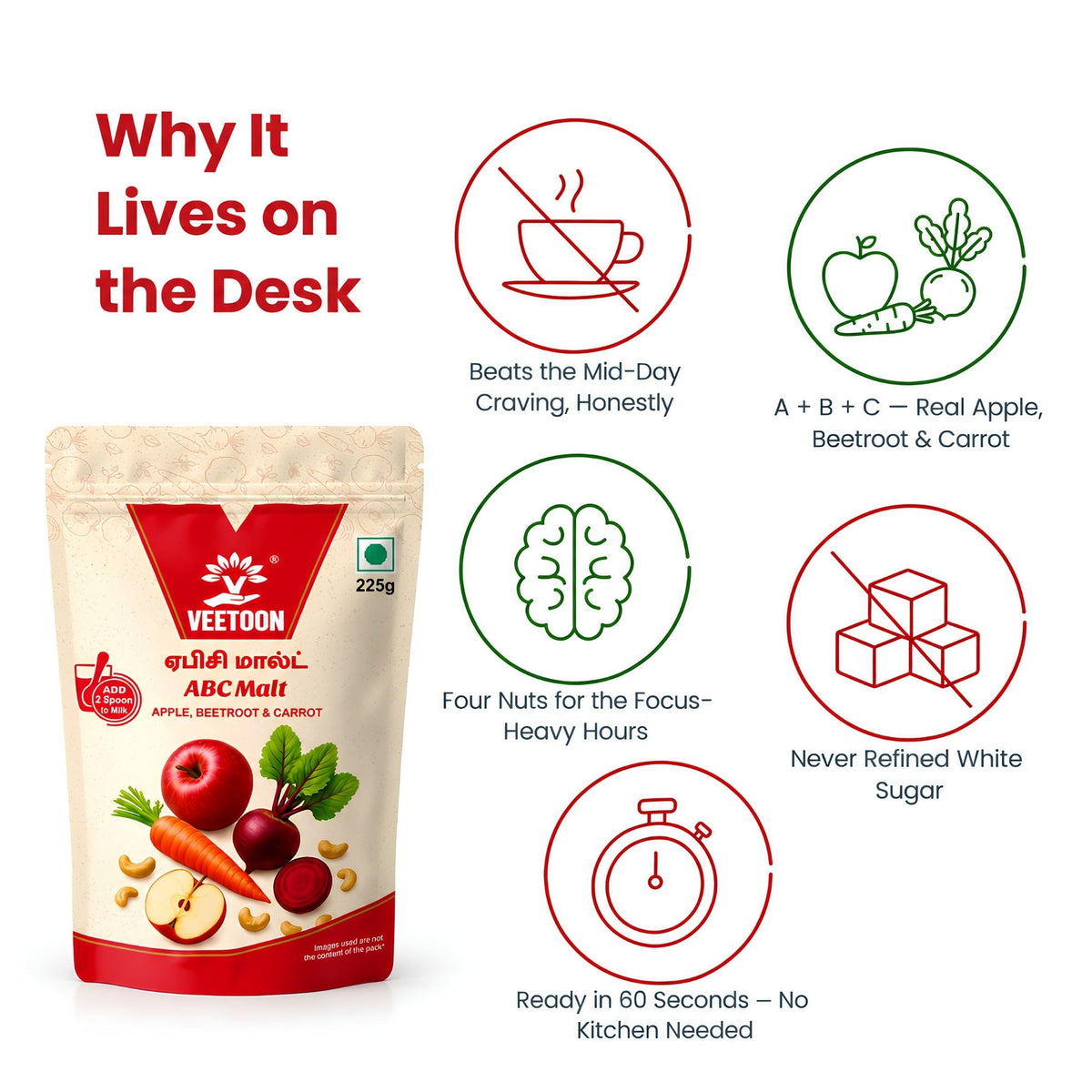 ABC Malt benefits: real apple, beetroot and carrot, four nuts, no refined white sugar, ready in 60 seconds
