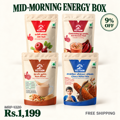 Veetoon Mid-Morning Energy Box — four drink mixes 225g each: ABC Malt, Nuts Boost, Choco Millet Mix and Red Banana Malt