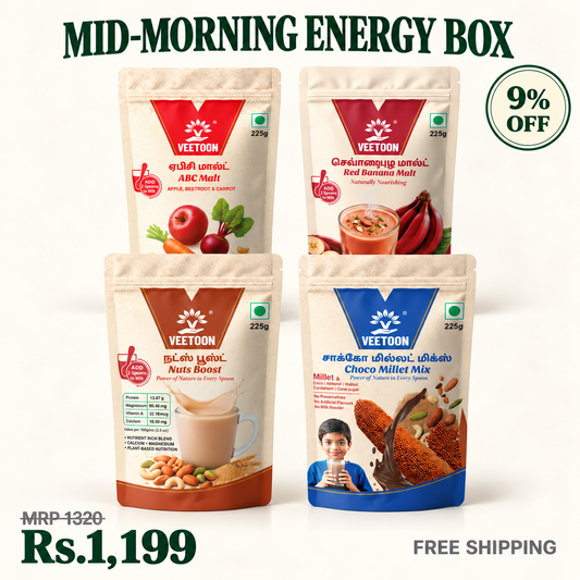 Veetoon Mid-Morning Energy Box — four drink mixes 225g each: ABC Malt, Nuts Boost, Choco Millet Mix and Red Banana Malt