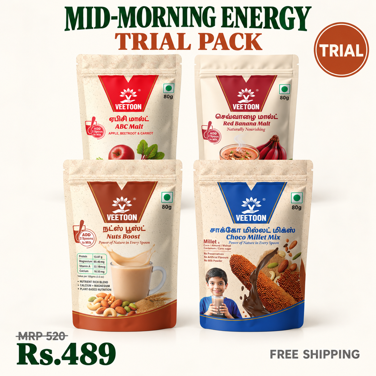Veetoon Mid-Morning Energy Trial Pack — four drink mixes 80g each: ABC Malt, Nuts Boost, Choco Millet Mix and Red Banana Malt