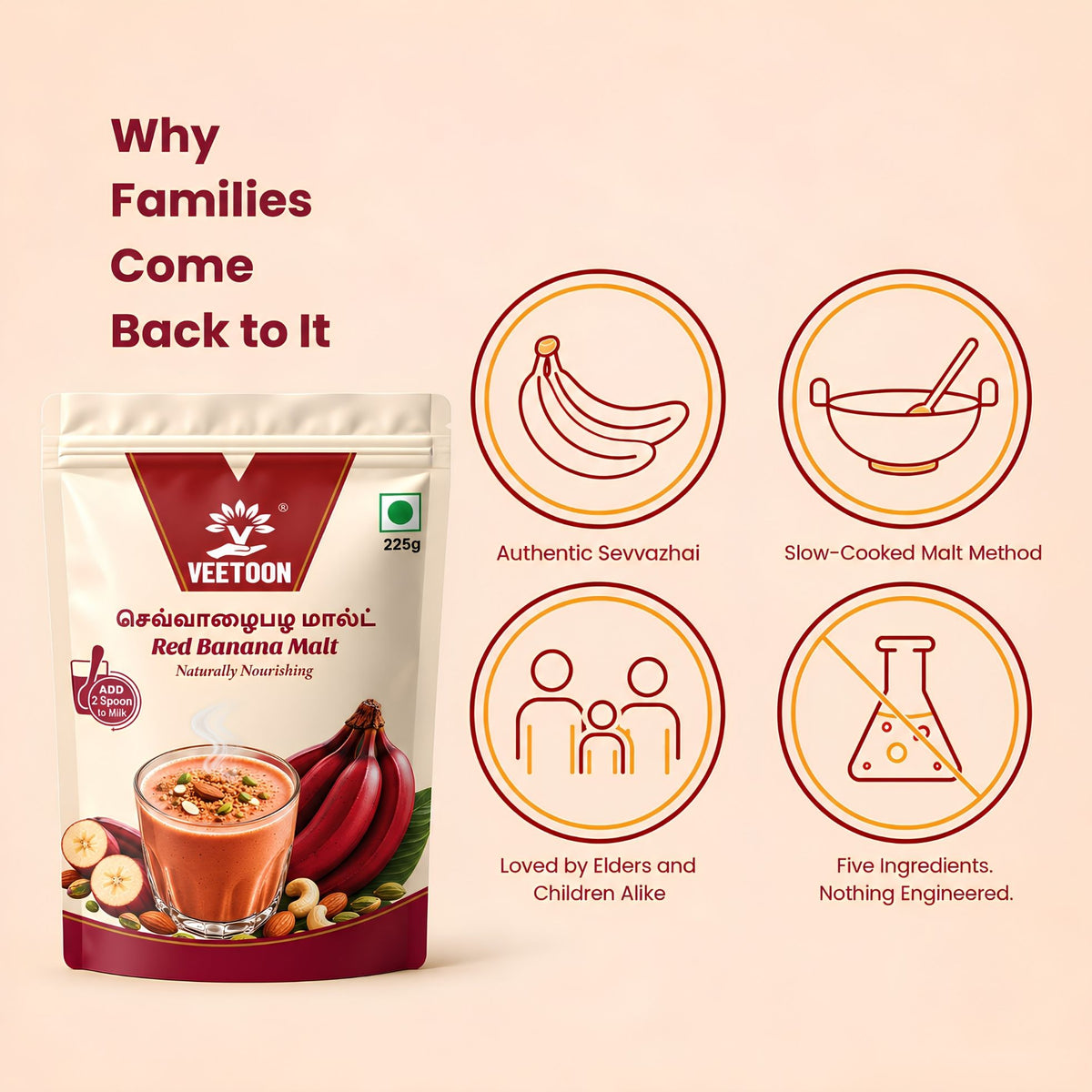 Why families choose Veetoon Red Banana Malt - authentic sevvazhai, slow-cooked, no chemicals
