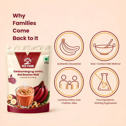 Why families choose Veetoon Red Banana Malt - authentic sevvazhai, slow-cooked, no chemicals