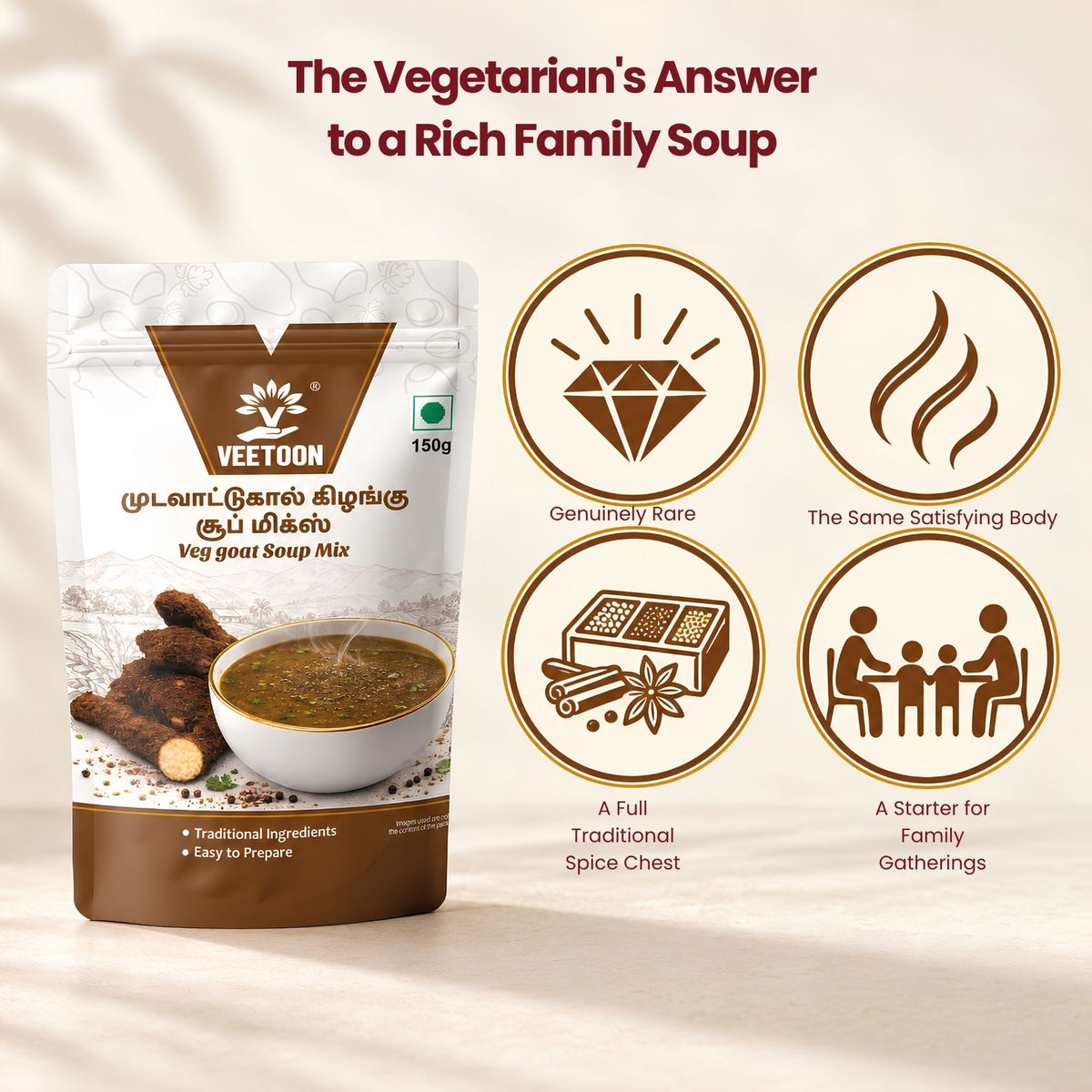 Veetoon Mudavaattukaal Kizhangu Soup Mix — a vegetarian alternative to goat leg soup for family meals