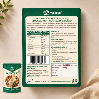 Back label of Veetoon AM Protein Mix 200g with nutritional information, ingredients, directions for use and FSSAI licence
