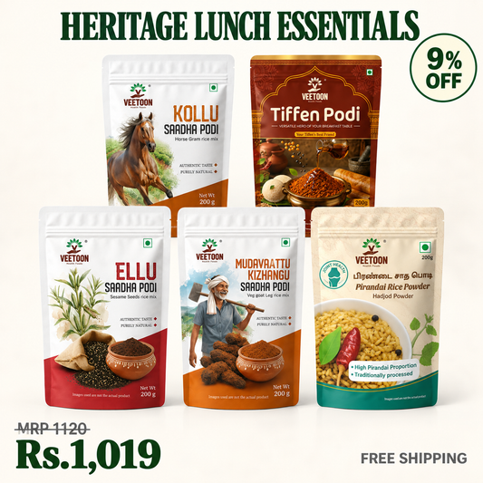 Veetoon Heritage Lunch Essentials Box — five rice podis 200g each: Kollu, Ellu, Mudavaattu Kizhangu, Pirandai Rice Powder and Tiffen Podi