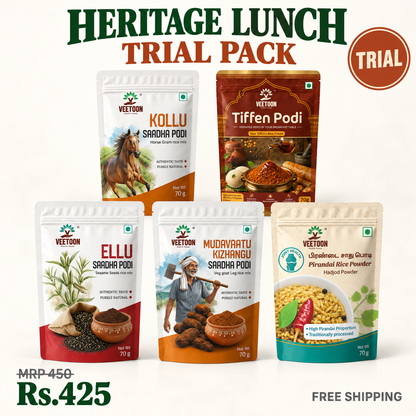 Veetoon Heritage Lunch Trial Pack — five rice podis 70g each: Kollu, Ellu, Mudavaattu Kizhangu, Pirandai Rice Powder and Tiffen Podi
