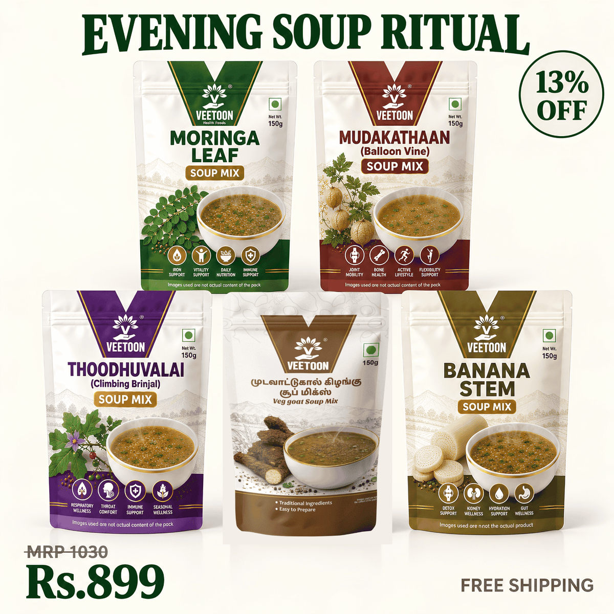 Veetoon Evening Soup Ritual Box — five soup mixes 150g each: Moringa Leaf, Thoodhuvalai, Mudavaattu Kizhangu, Banana Stem and Mudakathaan