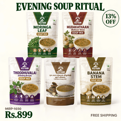Veetoon Evening Soup Ritual Box — five soup mixes 150g each: Moringa Leaf, Thoodhuvalai, Mudavaattu Kizhangu, Banana Stem and Mudakathaan