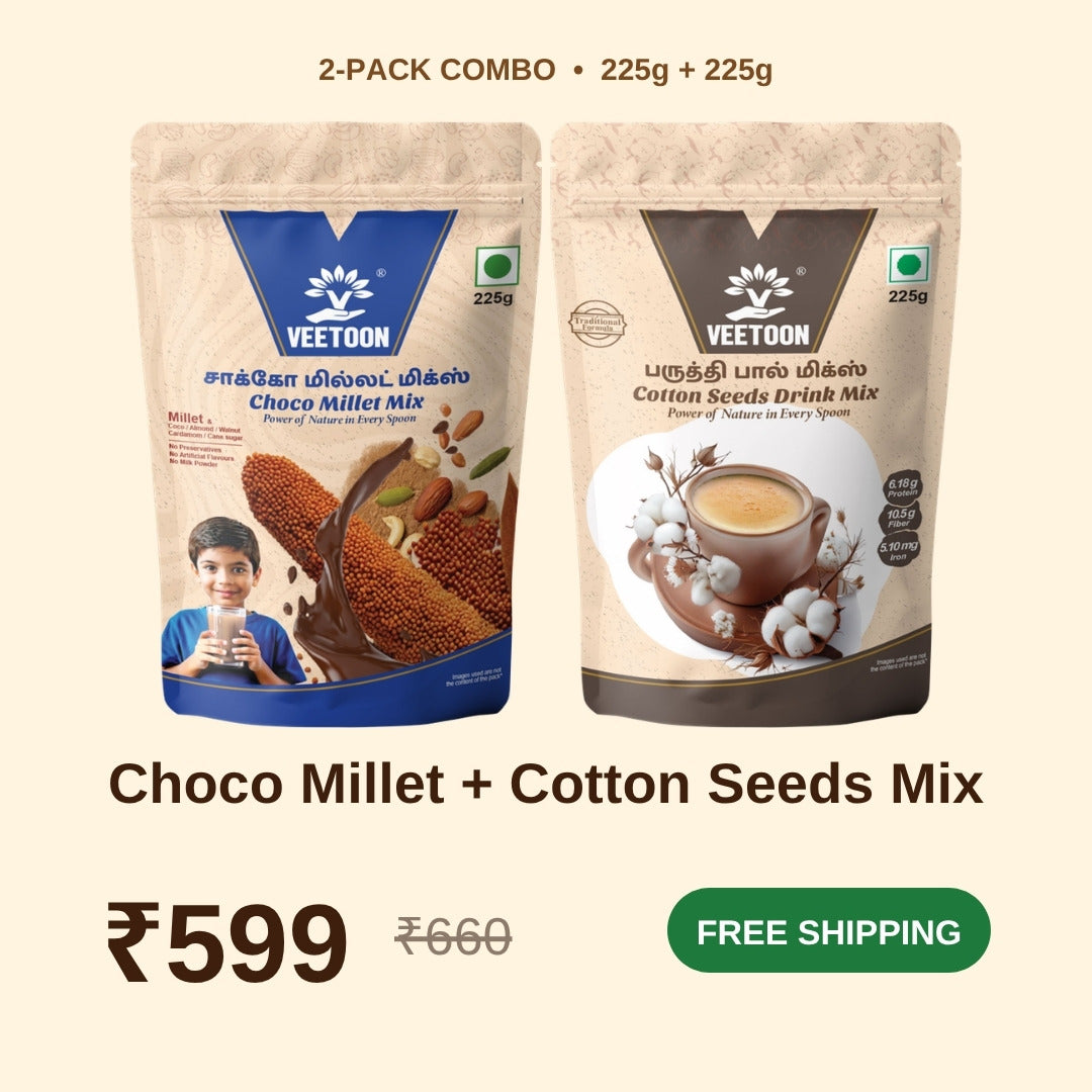 Veetoon Choco Millet Mix and Cotton Seeds Mix combo, 225g + 225g, Rs.599 with free shipping